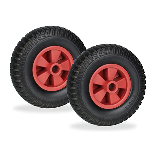 Relaxdays Schubkarrenrad 2.50-4, 2er Set, Vollgummi, Kunststoff, Ersatzrad Schubkarre, pannensicher, 80 kg, schwarz/rot