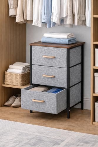 Image of Raawan 3 Layer Drawer Fabric Storage Organizer with Wooden Top and Metal Frame, Modern Dresser Storage Unit for Bedroom, Living Room, Office, Kids Room & Closet, Grey (3 Layer.)