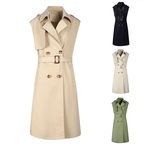 HGps8w Women's Chic Sleeveless Long Trench Coats Classic Lapel Double Breasted Mid-Length Belted Overcoat Dress Jacket2