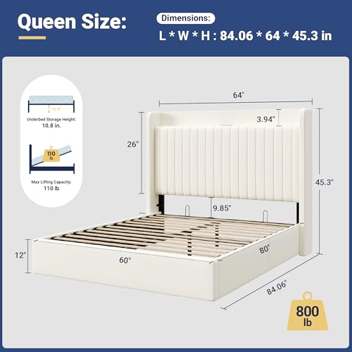 Image of Allewie Queen Size Lift Up Storage Bed Frame,Storage Shelf Headboard with Charging Station,Type-C and USB Ports,Hydraulic Support,Velvet Upholstered Bed Frame,No Box Spring Needed,Cream