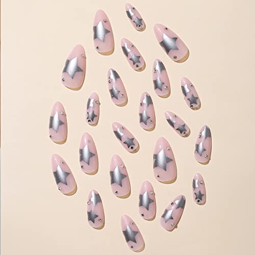 Gors Almond Press On Nails - Medium Silver Pentagram Rhinestone Nude Fake Nails Glue On Nails Full Cover Stick On Nails False Nails Acrylic Nails Artificial Nails For Women Nail Kit 24Pcs/Set #TOP1