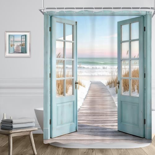 Image of Riyidecor Blue Beach Shower Curtain 60Wx72H Inch Rustic Summer Barn Door Ocean Coastal Seaside Scenery Country Teal Wood Hawaii Sea Path Retro Bathroom Decor Fabric Polyester Waterproof 12 Pack Hooks