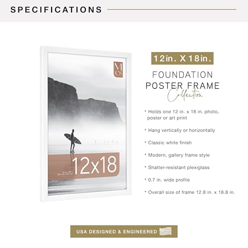 Image of MCS Foundation 12x18 Poster Frame Traditional White, Vertical & Horizontal Wall Hanging Large Picture Frame for Photos, Posters & Art Prints (1-Pack)