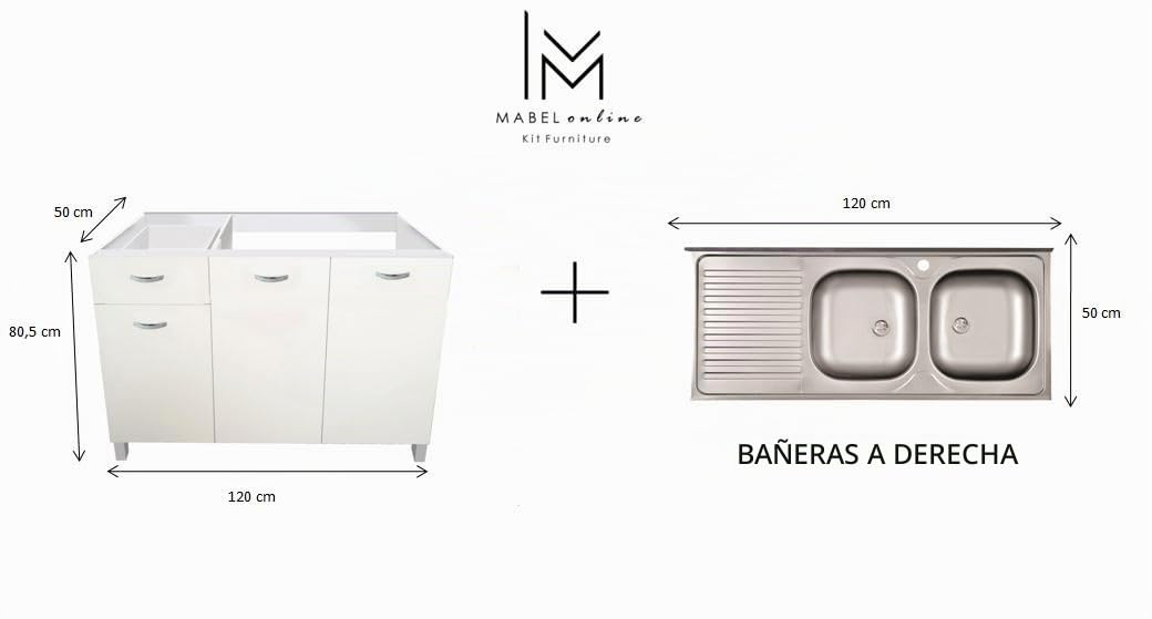 MABEL Mueble bajo fregadero de cocina con cajón blanco, organizador de madera ennoblecida con fregadero de apoyo de acero, bañeras a la derecha con escurridor – L 120 cm x P 50 cm x H 83,5 cm