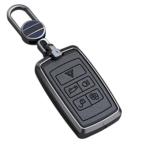 ontto Leather Key Fob Cover Keyring fit for Land Rover Defender Discovery Sport New Range Rover Evoque Sport Velar Jaguar E-Pace I-Pace accessories Alloy Key Case shell Holder bag keychain Black B