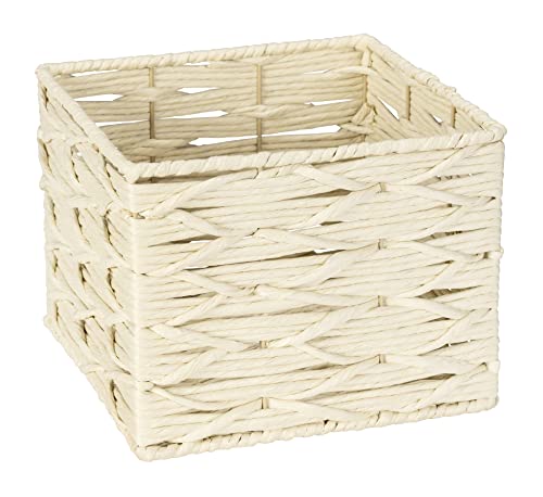 WENKO Boîte de rangement Vabriano, panier carré en papier tressé, pour la salle de bain et le bureau, avec tiges métalliques stabilisatrices, 24 x 18,5 x...
