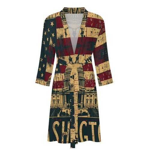 Vintage U.S. Flag Washington DC Mens Bathrobe Soft Long Bath Robe Warm Spa Robe Nightgown Quick Dry with Waist Belt4