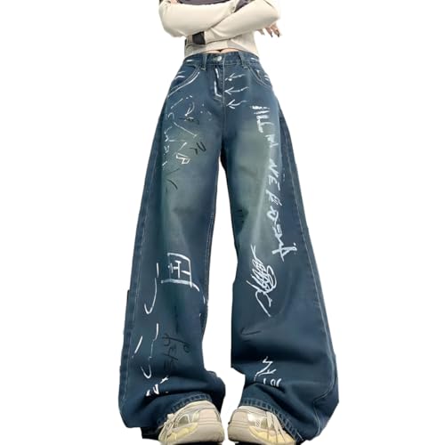 Y2K Gothic Vintage Grunge Casual Style High Waist Straight Wide Leg Doodle Print Denim Pants for Women