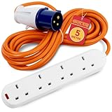 GADLANE Camping Electric Hook Up Cable - Heavy Duty 5 Metre, 4 Gang Electric Hook Up for Camping, Mobile Homes, Refrigerated Vehicles - High Visibility 16A Caravan Extension Lead (5M)