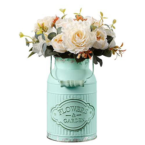 APSOONSELL Green Flower Pot Indoor Galvanized Flower Vase Vintage Jug Metal Milk Can Galvanized Bucket Pail Pot Planter Rustic Container