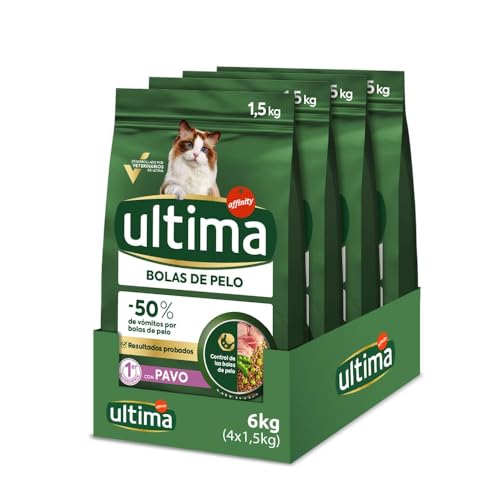 Ultima Bolas de pelo Pavo, Comida seca para gatos, Pack de 4 x 1,5kg, Total 6kg