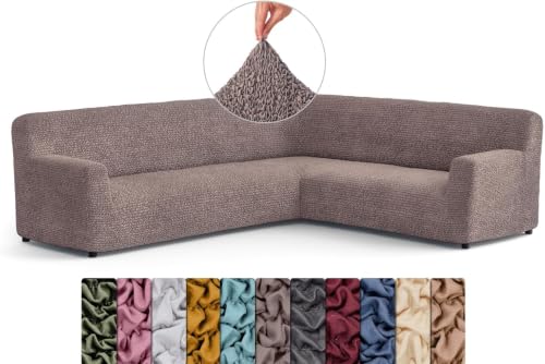 Image of Bellissima Sofa Covers - Premium Luxury Microfibra Plain Stretchable Corner Sofa Cover Fully Covered Slipcover, Imported from Italy (Mocha)