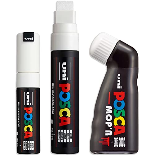 Posca Water Based Permanent Marker Paint Pen - Multi Surface Use - MOP'R, PC-17K, PC-8K - Broad Pack of 3 Pens - White