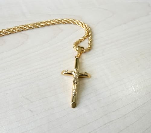 14K Gold Rope Chain Crucifix Style Cross Pendant Necklace 3MM Cross Necklace Clasp for MEN, HUSBAND Thin for Charms Miami Cuban Link Diamond Cut Religious3