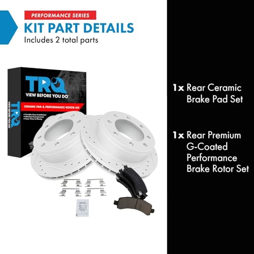 Image of TRQ Performance Rear Brake Pad and Rotor Set Ceramic Drilled Slotted G Coated Rotors Compatible with 2006-2016 Chevrolet Express 2500 2003-2016 Express 3500 GMC Savana 2500 Savana 3500