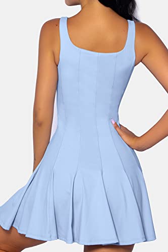 Qinsen Womens Soft Stretch Tennis Dress Above Knee Length Ribbed Pleated Dress Blue L #TOP1