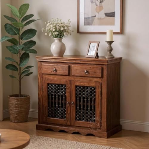 Image of NSH Solid Sheesham Wood Sideboard Storage Cabinet Unit with 2 Door and 2 Drawer Wooden Standard Multipurpose Furniture for Home Living Room Hall Office - (Teak Finish)