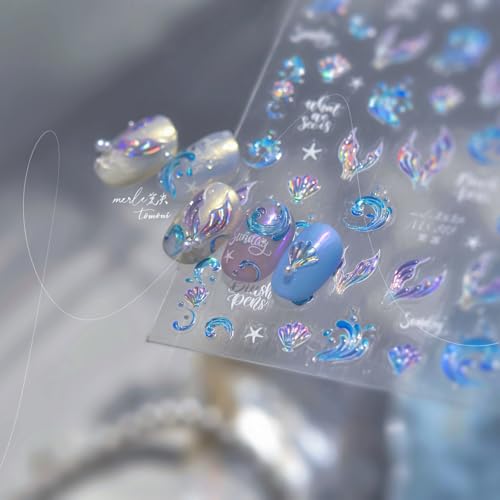 Image of Waves Nail Stickers Blue Nail Decals with Fish Tails Design 5D Embossed Summer Shells Nail Art Stickers Self Adhesive for Women DIY Decoration Accessories