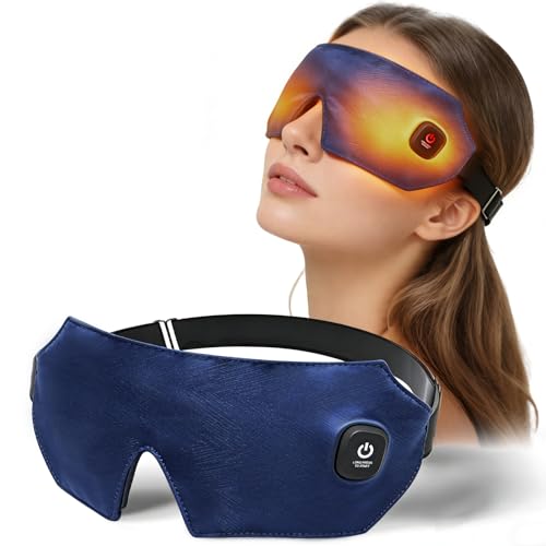 Heated Eye Mask for Dry Eyes, Cordless Eye Mask Warm Compress with Washable Cover, Blackout for Travel, 4 Temperature Modes(Navy Blue)