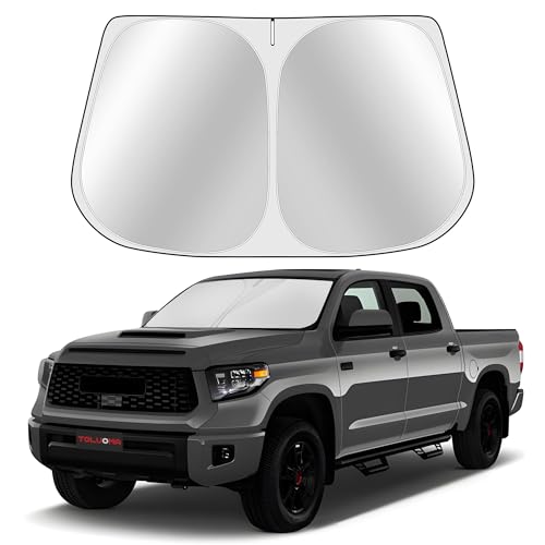Toluoma Custom Fit Windshield Sun Shade for Toyo-ta Tundra 2007-2021 - Full Coverage, 210T Reflective Fabric, Double-Layer Design - Blocks 99% UV Rays, Keeps Car Cool, Easy to Install and Store