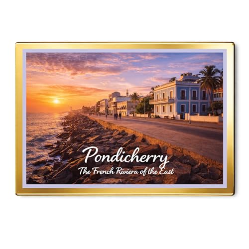 Image of Decorative Fridge Magnet with Glowing Border | Pack of 1 (Pondicherry - The French Riviera of the East, 3x2 inch - Golden Border)