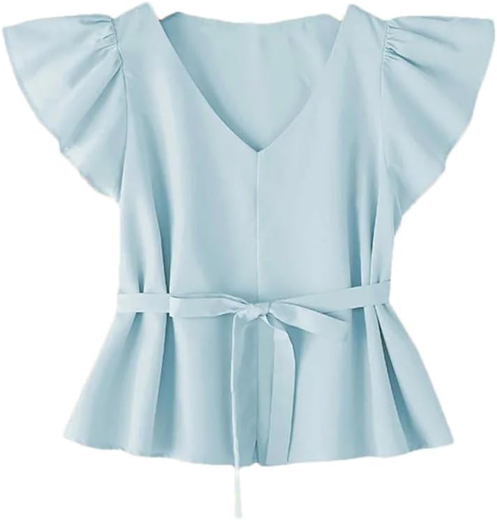 Women's Satin V-Neck Short Sleeve Ruffle Shirt