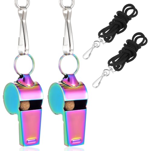 CIATBYYJ 2 Stück Edelstahl Trillerpfeife,Bunt Schiedsrichter Pfeife,Metall Whistle mit Umhängeband,Profi Sportpfeifen,Personalisiert Trillerpfeife für Schulsport Fußball Hundetraining Sportunterricht