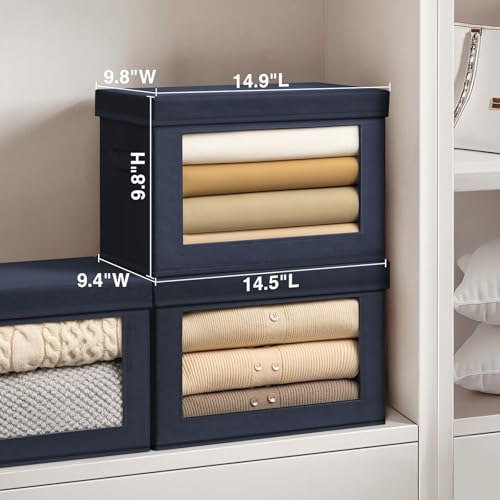 Image of Homsorout Foldable Storage Boxes with Clear Window - Clothes Organizers and Storage, Decorative Bins with Lid, Fabric Storage Cube, Storage Baskets for shelves, Yarn, Home, Navy blue, 3 Pack