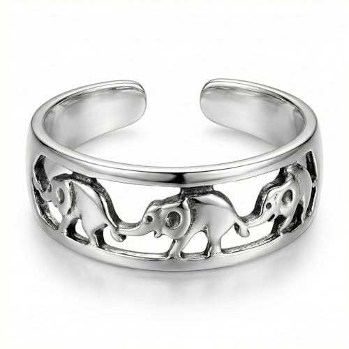 Sterling Silver Toe Ring, Handmade Adjustable Open Band - Elephants Design, Minimalist Dainty Cute Animal Ring, Summer Beach Foot Jewelry for Women, Can Be Worn as Knuckle or Pinky Ring (Elephants Band)