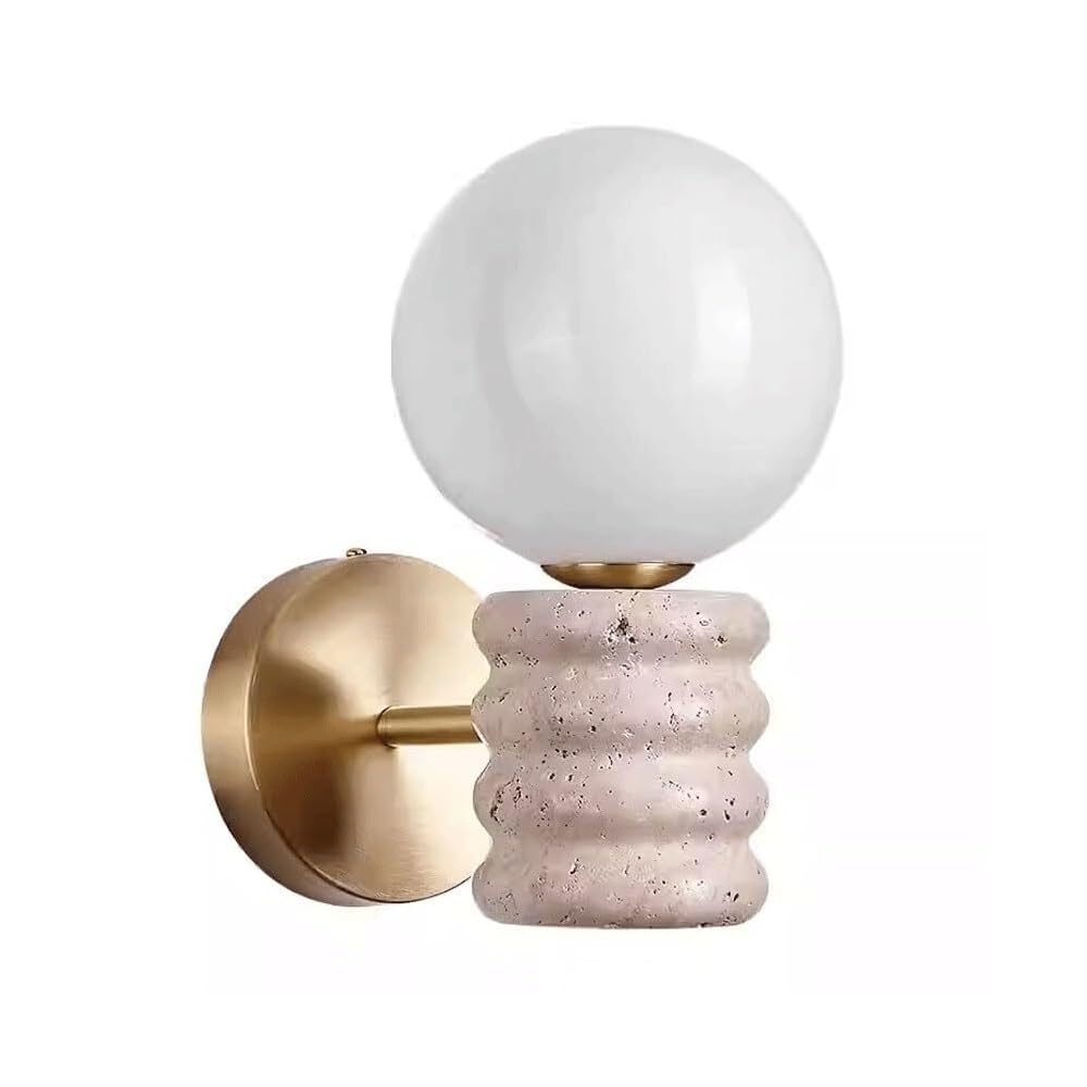 HUAYUSEDF Cream Style Travertine Wall Sconce with Spherical Glass Globe Shade, Modern Nordic G9 Base Gold Finished Metal Arm Stone Lamp, for Bedroom Hallway Living Room Accent Decor