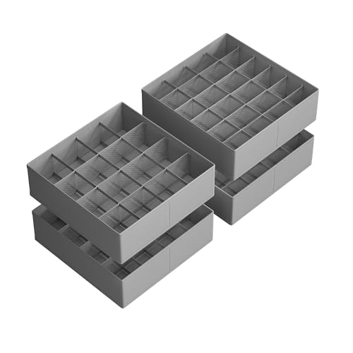 SONGMICS Set of 4 Underwear Organizers, Drawer Organizers, Dresser Closet Storage, 80 Cells (2×16+2×24), Foldable Dividers, 11.8 x 11.8 x 3.9 Inches, for Socks, Ties, Belts, Dove Gray URUS011G01