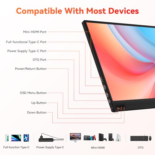 Image of HotYeah Portable Computer Monitor, 15.6-in 1080P FHD Travel Monitor USB-C HDMI External Laptop Screen FreeSync IPS w /Kickstand, Extra External Display for Laptop PC Mac Phone Tablet Switch Xbox PS5
