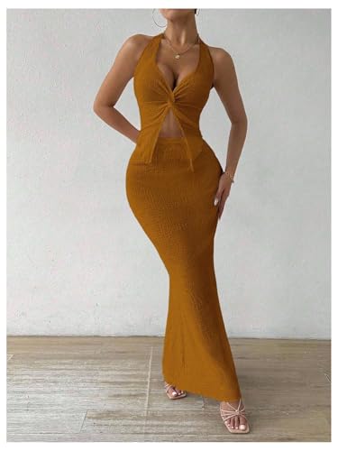 Image of SOLY HUX Women's Two Piece Outfits Twist Front Halter Cami Tops and Skirt Summer Set