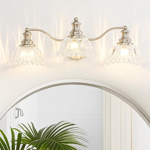 Brushed Nickel Bathroom Light Fixtures Over Mirror, 3 Light Vintage
