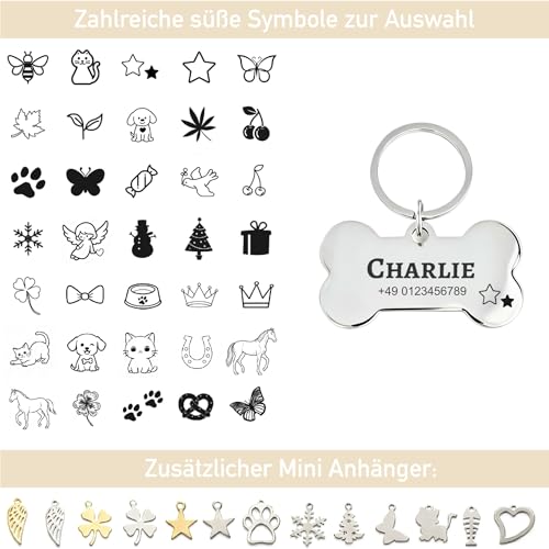 Hundemarke mit Gravur Personalisiert aus Edelstahl Hundeanhänger inkl. Schlüsselring - Namensschild für Halsband - Dog Tag Anhänger Marke für Hunde, Tiermarke für Katzen und Welpen (Knochen)