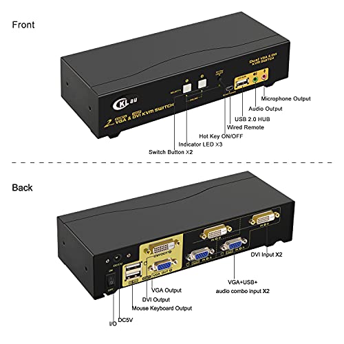 Cklau 2 Port Dual Monitor Kvm Dvi + Vga Extended Display With Audio, Microphone, Usb 2.0 Hub And Cables #TOP5