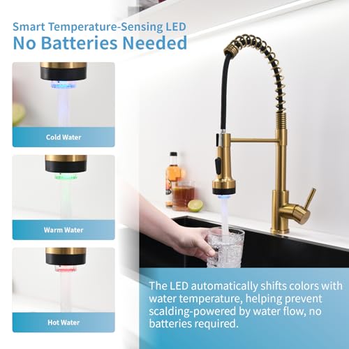 Image of GIMILI Gold Kitchen Faucet with Soap Dispenser Single Hole Pull Down Sprayer LED Faucet, Suitable for Farmhouses, RV, Laundry Room, Outdoor, and Campers. Llave para fregadero de cocina
