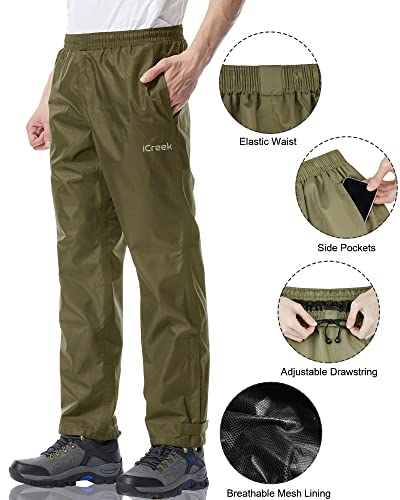 Icreek Men's Rain Pants Waterproof Rain Pants Lightweight Windproof Breathable Over Pants Work Rain Outdoor For Hiking, Golf, Fishing Green #TOP2