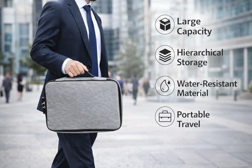 Image of Travel Document Organizer Bag with Lock, Waterproof Multilayer File Storage Case, Grey Oxford Cloth, 37x27x10 cm, for Certificates Passports Cards