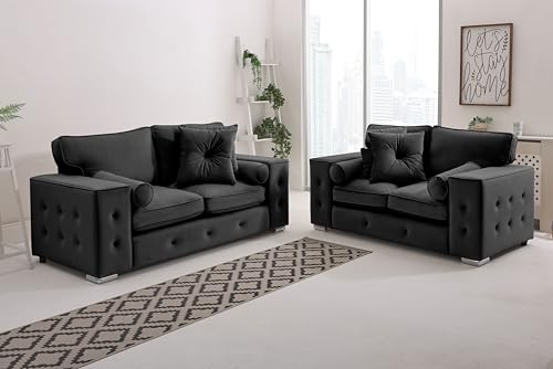 Sofahub Howard Black Plush Velvet Sofa –2 Seater, 3 Seater, 3+2 Seater & Corner Sofa – Fullback with Foam Cushions, Button Tufted Detailing, Chrome Feet –Modern Living Room Couch (Black, 3 + 2 Seater)