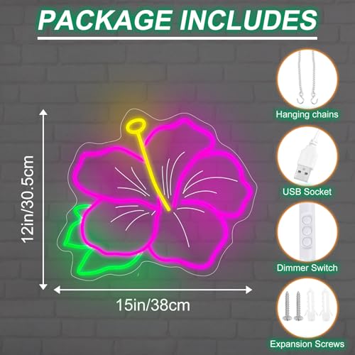Image of Hibiscus Neon Sign Hibiscus Flower Neon Light Hawaii Floral Neon Light Tropical Flower Sign Home Wall Art Decoration, 15 inchx12 inch, Pink