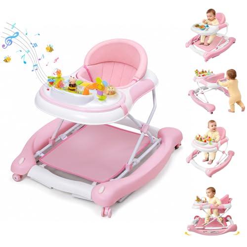 Image of 5 in 1 Baby Walker, Music and Lights Walker for Baby Boy Girls 6-12 Months, Foldable Baby Walkers with Wheels and Bouncer Combo Portable, Toddler Infant Walker with Adjustable Height