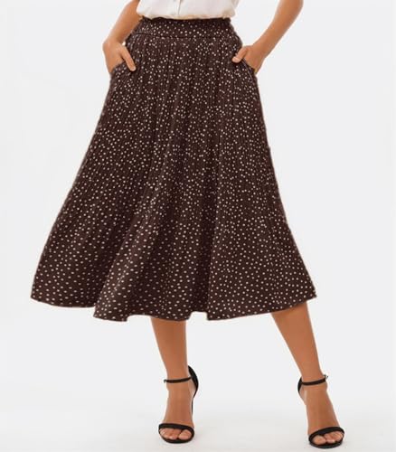 Oyamiki Women's Stretchy Pleated Skirts Vintage Elegant Polka Dot Gathered Skirt Trendy Dasily Summer Maxi Skirt, S Coffee - Image 2