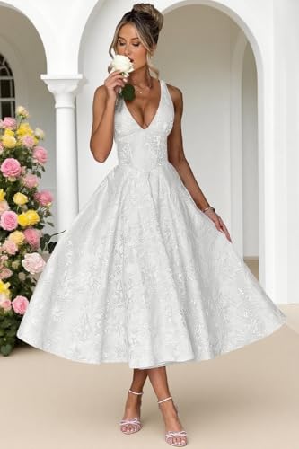 V Neck Prom Dresses 2025 Floral Satin Jacquard A-Line Tea Length Midi Formal Evening Party Gown with Bow for Women3