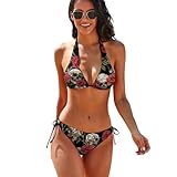SKT T1 Women's Goth Skull Bikini Funny Gothic Skull and Red Rose Floral Bathing Suits for Women Retro Skulls Black Summer Hawaiian 2 Piece Swimsuit Halter Top String Triangle Patterned Bikini Set L
