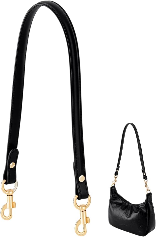 PH PandaHall 25" Genuine Leather Bag Strap, 1" Wide, Cowhide Bags Strap Replacement Purse Strap Handbag Strap for Women Men DIY Shoulder Bag Handbag, Golden Hardware, Black