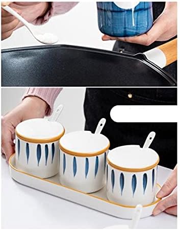 Spice boxs Ceramic Condiment Jar Spice Container, with Lid and Porcelain Spoon,.(Set of 3) Can for Storage Home,Kitchen,Counter