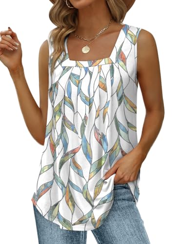 Image of Saloogoe Summer Tank Tops for Women Loose Fit Pleated Square Neck Sleeveless Tops Curved Hem Flowy