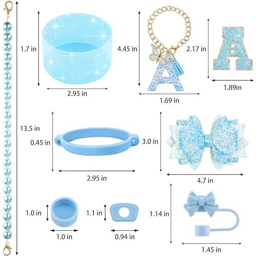 Hpebl 9PCS Blue for Stanley Cup Accessories Set Bling Initials Bow Charms for Stanley Decorations 30/40 Oz Tumbler Accessories Including Bow Straw Topper, Handle Strap, Spill Stopper（Letter A） - image 3
