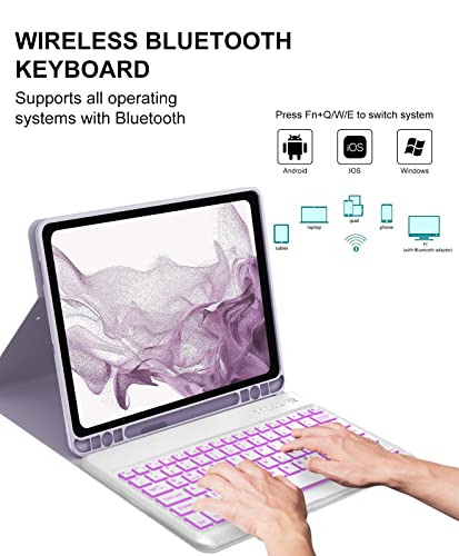 Sengbirch Keyboard Case For Samsung Galaxy Tablet S7 Fe/S8+ Plus/S7+ Plus 5G, 12.4 Inch Case With S Pen Holder, 7 Color Rgb Backlit, Bluetooth Removable, S7 Fe Keyboard, Grey Purple #TOP4
